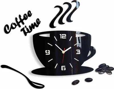 A black acrylic wall clock shaped like a coffee cup with steam, a spoon, and coffee beans.