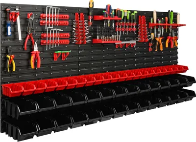 Produktbild von Lagersystem Werkstattregal | 172 x 78 cm | 50 stck. Box | Wandregal mit Werkzeughalterungen und Stapelboxen - Wandplatten Extra Starke Schüttenregal Warkzeuglochwand Lagerregal Garage Regal