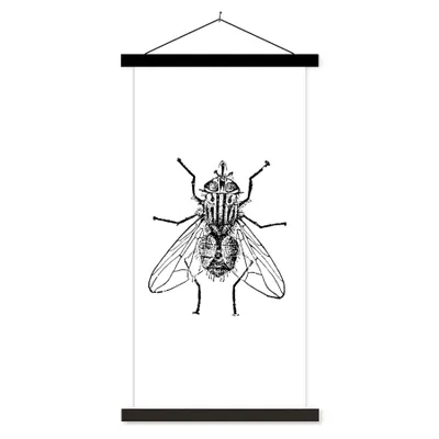 Produktbild von MuchoWow® Textilposter Fliege - Tiere - Vintage - Schwarz und weiß 60x120 cm mit schwarzem Rahmen - Magnete