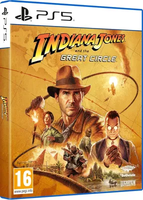 The image shows the front cover of the PS5 game 'Indiana Jones and The Great Circle'. It features artwork of Indiana Jones and other characters, along with the game title and platform logo.