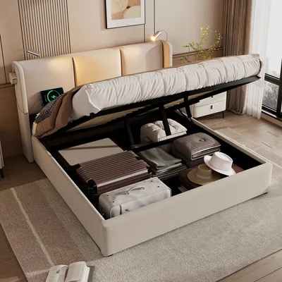 Produktbild von STILVORA Jugendbett 140x200cm Polsterbett mit USB Ladefunktion Kopfteil,Doppelbett mit Bettkasten,Stauraumbetten aus Leinenmaterial,Beige(Ohne Matratze)