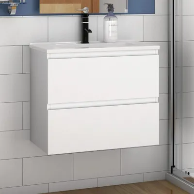 Produktbild von Waschtisch mit Unterschrank 60 cm Waschbecken Keramik Dünn mit Unterschrank Aalst-Matt Serie Weiß Matt