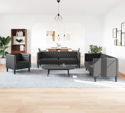 Produktbild von vidaXL 3-tlg. Chesterfield-Sofa-Set Schwarz Kunstleder