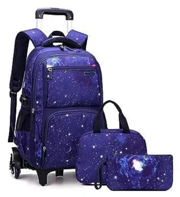Produktbild von Schulrucksack Trolley 3-teiliges Set mit Lunchtasche und Federmäppchen Dunkelblau Sternenhimmel