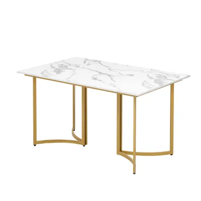 Productafbeelding van AIORBER Moderne eettafel met marmerlook en gebogen tafelpoten, verstelbare poten, ideaal voor eetkamer en keuken, 140x80 cm, wit-goud