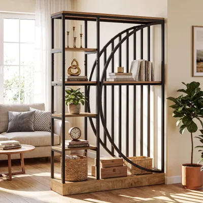 Produktbild von Tribesigns Raumteilerwand, 180 cm,freistehender Raumteiler mit 5 Ablagefächern, Trennwand Holz Industriestil mit geometrischem Kreismuster, Homeoffice