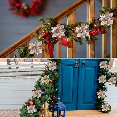 Image de 10 fleurs de poinsettia scintillantes, fleurs artificielles réutilisables pour la décoration de Noël