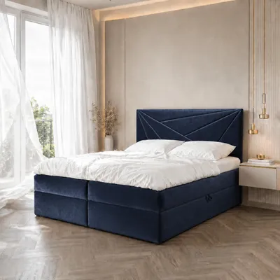 Image de Boxspring Lit double TEO 2 - 120x200cm Lit avec matelas Bonell, avec sommier pour linge de lit et topper.  (bleu foncé)