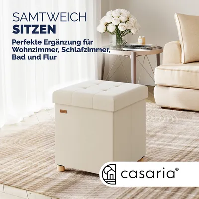 Produktbild von CASARIA® Hocker mit Stauraum Samt Faltbar inkl. Füßen 38x38cm 300kg Belastbarkeit Wohnzimmer Schlafzimmer Flur Sitzhocker Fußhocker Polsterhocker, Farbe:Beige