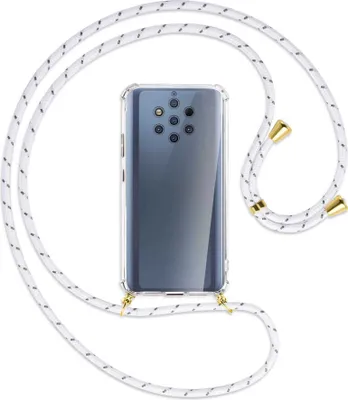 Produktbild von Handykette Backcover-Schutzhülle mit Band (Metall goldfarben) für Nokia 9 PureView - weiß/grau