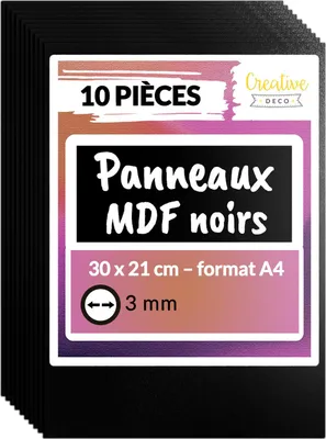 Image de Creative Deco 10 x A4 Panneau MDF Noir 300 x 210 x 3 mm - Planche Bois Brut
