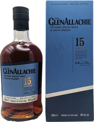 A bottle of GlenAllachie 15 Year Old Speyside Single Malt Scotch Whisky next to its blue cardboard packaging.