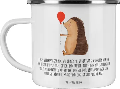 Produktbild von Mr. & Mrs. Panda Teetasse 9. Geburtstag Glück - Weiß - Geschenk, Emaille Becher, Happy Birthday, Alter, Geburtstagdeko, Pott, Tasse, Teebecher, besondere Anlässe, Liebe