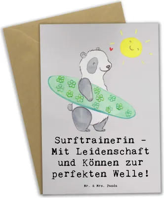 Produktbild von Mr. & Mrs. Panda Grußkarte Surfen Trainerin - Grau Pastell - Geschenk, osterkarte, weihnachtskarten, glückwunschkarten, Leidenschaft, Können, Surfcoach, einladungskarten