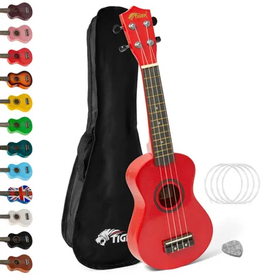 Productafbeelding van De TIGER UK7- ukulele voor beginners wordt geleverd met een gigbag, een viltplectrum en een set vervangingssnaren van het merk Aquila - rood