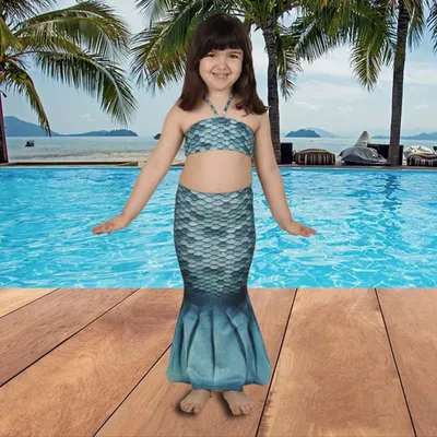 Image de Ensemble de natation Kuaki « Sirène » pour tout-petits, turquoise, taille 2XS - Palmes et bikini