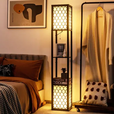 Produktbild von 156 cm Stehleuchte mit 2 Regalen, Stehlampe mit Zugschalter, Fussschalter und 2 Steckdosen, elegante Innenbeleuchtung für Wohnzimmer, Schlafzimmer und Büro, Schwarz