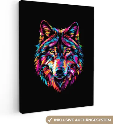 Produktbild von MuchoWow® - Leinwandbilder - Wolf - Bunt - Schwarz - Tiere - Neon, Wandbild, Wanddeko Bilder Wohnzimmer, 90x120 cm