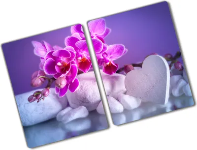 Produktbild von Tulup Glas Herdabdeckplatte - 2x40x52 cm - Glaskeramikkochfeld-Abdeckung Spritzschutz Glasabdeckplatte Kochplattenabdeckung und Schneidebrett - Zweiteilig - Blumen & Pflanzen - Orchidee und Herz - Rosa