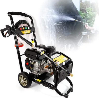 A pressure washer is shown in the foreground, with a blurred background image of a car being washed.