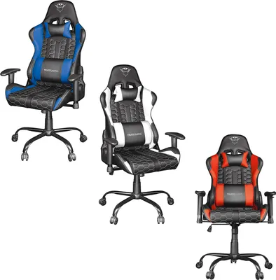 Three gaming chairs of different colors displayed side-by-side against a white background.