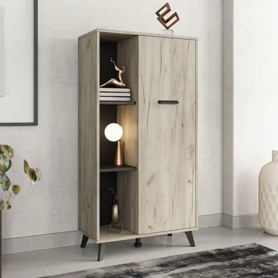 Immagine prodotto di Dmora Vetrina Dolzago 68x33x131h cm Marrone Rovere Chiaro, 4 Ripiani Un'anta