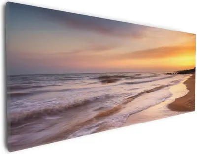 Produktbild von Wallario Premium Leinwandbild Sonnenuntergang am Strand - Abendspaziergang in Größe 30 x 75 cm