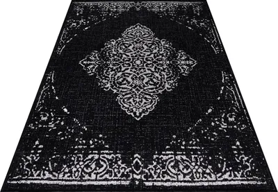 Produktbild von Outdoor Teppich Wetterfest 120x170 Rechteck Schwarz für Camping Garten oder innen Vintage Design aus Polypropylen