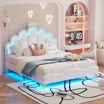 Obrázok produktu pre Detská postel s polstrováním, rozmer 140x200 cm, s LED osvetlením a jednou zásuvkou | Nastaviteľná výška opierky hlavy, tvarovaná ako oblak s korunou, detská posteľ pre dievčatá, rošt, bez matraca, materiál: PU, farba: biela
