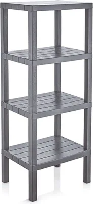 A grey, four-tiered shelf unit is shown against a white background.