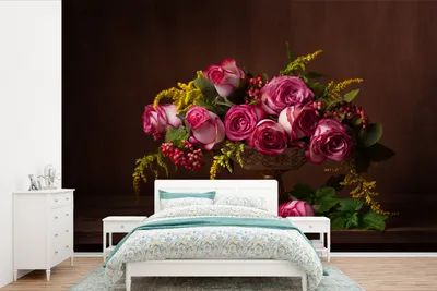 Produktbild von MuchoWow® Fototapete für Wohnzimmer oder Schlafzimmer Wandtapete Vinyl Motivtapete Blumen - Rosen - Stilleben - 600x400 cm - Vinyltapeten
