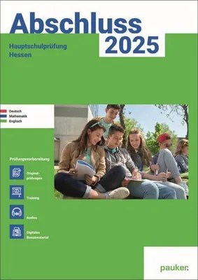 Cover of a study book for the Hauptschulprüfung Hessen in 2025, showing students studying.
