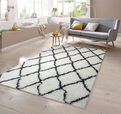 Image de Tapis Shaggy, couleur crème et noir, dimensions : 80 x 150 cm