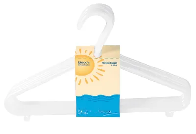 Zdjęcie produktu dla Bieco 04-014147 Plastikowy wieszak na ubrania, z dodatkowym haczykiem, biały perłowy (opakowanie 8 szt.)