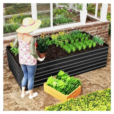 Produktbild von Hochbeet aus Metall, 435L Pflanzkasten für den Garten, rostfreies Stahlblech Kräuterbeet, verzinktes Gemüsebeet zum Anbau von Gemüse und Blumen, 120x60x58 cm rechteckig, schwarz