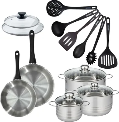 Image de Batterie de cuisine 2 poêles 20/24 cm et couvercle, 3 faitouts 16/20/24 cm et 6 ustensiles Fackelmann Geneva