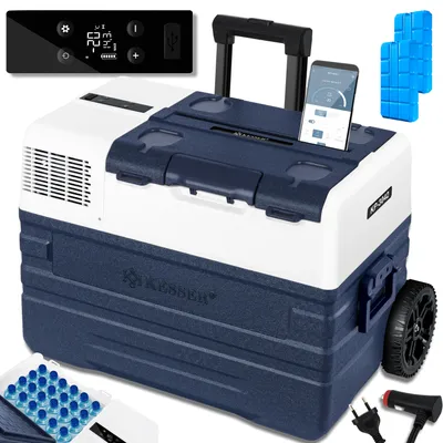 Immagine prodotto di Frigorifero portatile elettrico con compressore KESSER®, con controllo tramite app, porta USB, alimentazione 12/24 V e 230 V, + asta telescopica e ruote; raffreddamento fino a -20 °C, ideale per auto, camion, barche, camper e campeggio