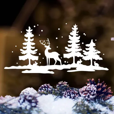 Produktbild von Fensterbild Schneelandschaft mit Hirsch und Häschen/Fenster Dekoration in der Farbe weiß von Wandtattoo-Loft® / Weihnachts Fensteraufkleber / 3 Größen / / 45 cm breit x 22 cm hoch