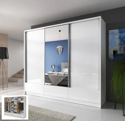 Image de Armoire à portes coulissantes pour chambre à coucher avec tiroirs et miroir, blanc / blanc brillant - Largeur : 250-254 cm