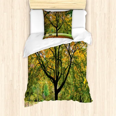 Produktbild von ABAKUHAUS Baum Mantele, Herbst-Park Blätter Natur, Milbensicher Allergiker geeignet mit Kissenbezügen, 135 cm x 200 cm - 80 x 80 cm, Grün Gelb