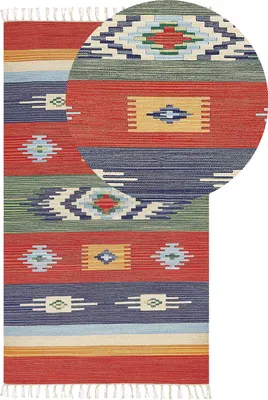 Produktbild von BELIANI Kelim-Teppich Mehrfarbig Baumwolle 80 x 150 cm mit Fransen Geometrischem Muster Handgewebt Zweiseitig Läufer Modern Wohnzimmer Schlafzimmer