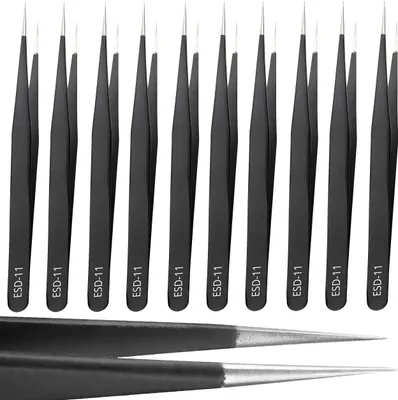 Produktbild von Pinzetten Set 10 Stk Flachpinzette Kreuzpinzette Antistatisch Spitzpinzette Modellbau Basteln Wimpernlifting Wimpernwelle Edelstahl Retoo