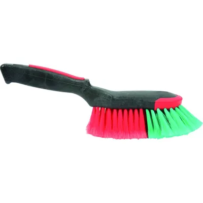A car wash brush with a black handle and red and green bristles, isolated on a white background.