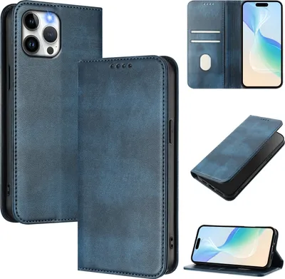 Produktbild von Handyhülle für iPhone 12 Pro Max, Vintage Leder RFID Schutz Kartenfach Standfunktion Magnetische Klapphülle Blau