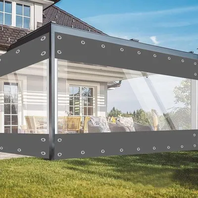 Image de Rideau de protection transparent en PVC, dimensions 2,4 x 2,4 m, poids 650 g, PVC de 0,55 mm d'épaisseur, imperméable et avec protection UV, œillets de diamètre 16 mm (espacement de 30 cm), 10 mètres de fil de fixation + 10 à 15 attaches de câble
