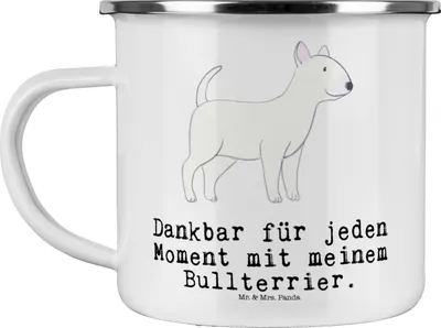 Produktbild von Mr. & Mrs. Panda Pott Bullterrier Moment - Weiß - Geschenk, Emaille Tasse, Blechtasse, emaillebecher, becher, Teetasse