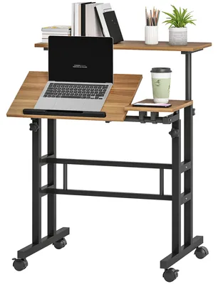 Produktbild von Sitz-Steh-Schreibtisch, h?henverstellbarer Schreibtisch 70 x 60 cm mit Rollen, neigbarer Tischplatte, braunes Metallgestell