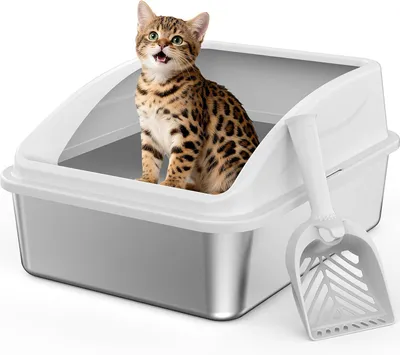 Productafbeelding van Kattenbak van roestvrij staal - 43 x 33 x 20 cm - morsvrij met schep en afdekking - zilver