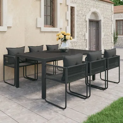 Produktbild von "2026 Promotion" 7-tlg. Garten-Essgruppe - mit Tisch und Stühlen - PVC Rattan Schwarz - Gartenmöbelset CC3503