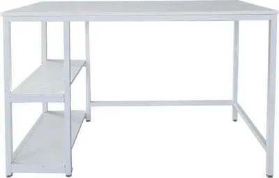 A white desk with shelves on the left side, shown against a white background.